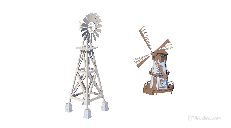 Two Windmill Models With White Metal Structure And Brown Small House 3d model