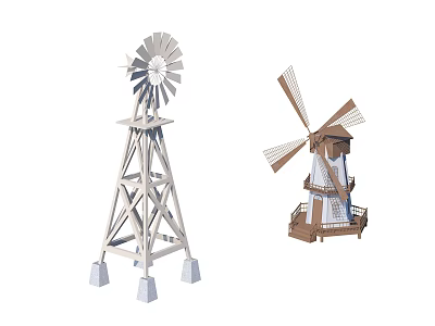 Two Windmill Models With White Metal Structure And Brown Small House 3d model