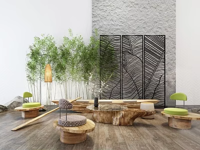 Outdoor Wooden Table with Green Cushioned Stools Bamboo Plants Stone Decor and Leaf Patterned Screen 3d model