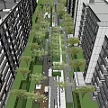 Serene Garden Landscape with Trees Lawn Wooden Deck and Outdoor Seating near High Rise Apartments