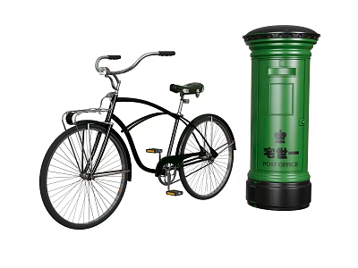 Vintage Black Bicycle Parked Next To Traditional Green Royal Mail Postbox 3d model