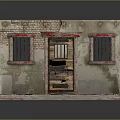 Old Small House Model With Wooden Roof Brick Walls Iron Grille Windows And Wooden Door