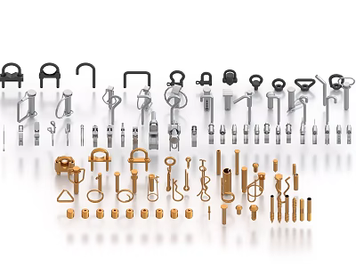Assorted Metal Hardware Hooks Fasteners in Black Silver and Gold Colors 3d model