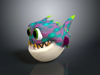 3D Rendered Vibrant Aquatic Creature With Large Green Eyes Sharp Teeth Purple Fins And Scales 3d model