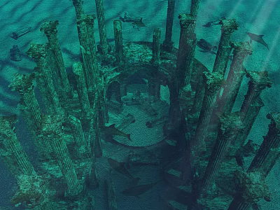 Underwater Ancient Architectural Ruins Scenery with Stone Columns and Swimming Fish 3d model