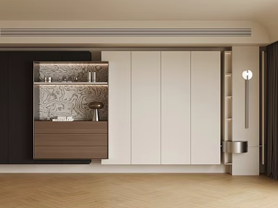 Modern Sideboard With White Cabinets Dark Wood Open Shelves And Wooden Floor 3d model
