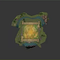 Lush Green Natural Scene With Central Yellow Pond Wooden Bridge Waterfall Small Trees And Rocks