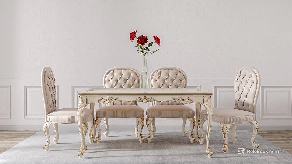 Elegant Classic Dining Table Set With Upholstered Chairs Carved Legs And Red Flower Vase 3d model 