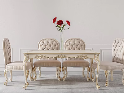Elegant Classic Dining Table Set With Upholstered Chairs Carved Legs And Red Flower Vase 3d model