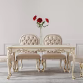 Elegant Classic Dining Table Set With Upholstered Chairs Carved Legs And Red Flower Vase