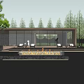 Modern Sales Office Building With White Glass Facade Perforated Grilles And Landscaped Entrance