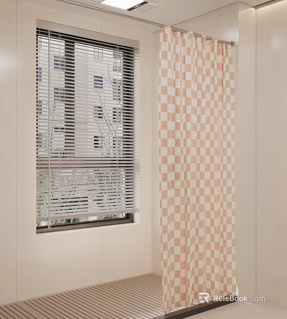 Modern Window Blinds With Checkered Curtains For Home Interior Design 3d model 