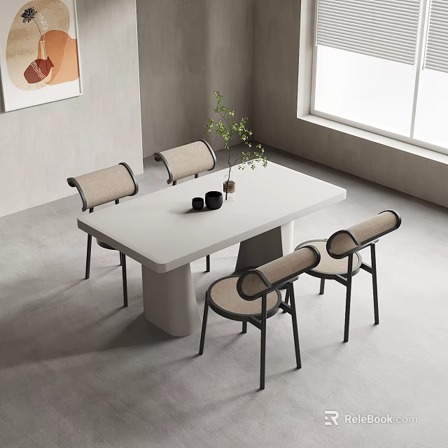 Modern Minimalist Dining Table Set With Beige Seats Black Frames And Small Plant 3d model