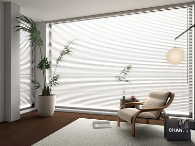 Modern Venetian Blinds in Living Room with Large Window Armchair Potted Plant and Wooden Floor 3d model