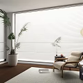 Modern Venetian Blinds in Living Room with Large Window Armchair Potted Plant and Wooden Floor