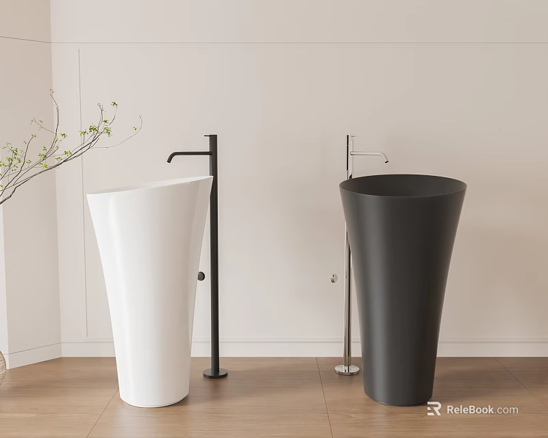 Cylindrical White and Black Washbasins with Tall Faucets in Light Wall Wooden Floor Bathroom 3d model 