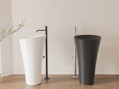 Cylindrical White and Black Washbasins with Tall Faucets in Light Wall Wooden Floor Bathroom 3d model