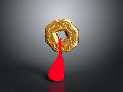 Traditional Golden Circular Decorative Ornament with Central Hole and Red Tassel for Home Decoration 3d model