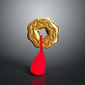 Traditional Golden Circular Decorative Ornament with Central Hole and Red Tassel for Home Decoration
