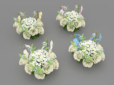 Vase with White Roses Daisies and Colorful Bird Decorations on Gray Background 3d model