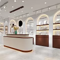 Modern Specialty Store Interior With Ceiling Lighting White Brown Counters Shelves And Central Display Stand