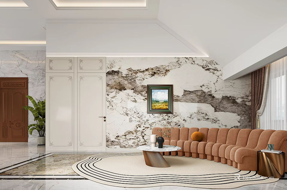 Modern Living and Dining Interior With Brown Sofa Marble Accent Wall And Geometric Rug 3d model 