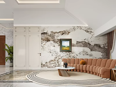 Modern Living and Dining Interior With Brown Sofa Marble Accent Wall And Geometric Rug 3d model