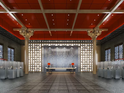Cultural Center Interior With Red Ceiling Beams Columns Central Table And Lattice Backdrop 3d model