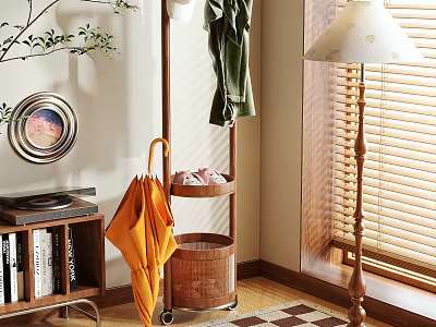 Mobile Wooden Clothes Rack With Storage Shelf Hanging Coats And Umbrellas In Living Room 3d model