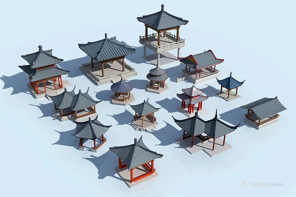 Traditional Chinese Ancient Architecture Models Featuring Various Classical Pavilion and Roof Designs 3d model 