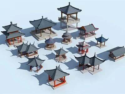 Traditional Chinese Ancient Architecture Models Featuring Various Classical Pavilion and Roof Designs 3d model