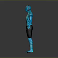 Game Movie Character With Blue Skin Bioluminescent Patterns And Black Shorts