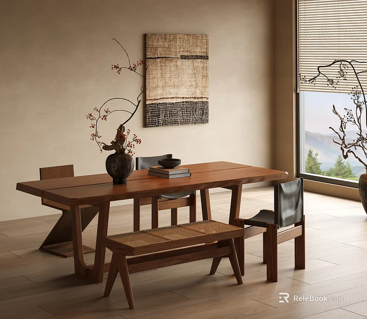 Minimalist Wooden Dining Table Set With Chairs And Bench In Natural Light Dining Room 3d model 