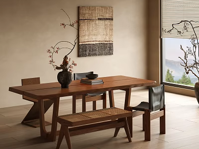 Minimalist Wooden Dining Table Set With Chairs And Bench In Natural Light Dining Room 3d model