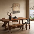 Quiet Ancient Dining Table and Chair Quiet Dining Table and Chair Combination Quiet Decorative Painting Quiet Restaurant Rattan Dining Chair Solid Wood Dining Table and Chair Long Table Quiet Vase Floral Art 3d model
