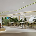 Modern Restaurant Interior With Curved Design Green Plants Gold Accents And Sculpture