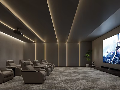 Modern Home Theater Room Interior Design With Comfortable Seats Large Screen And Ambient Lighting 3d model
