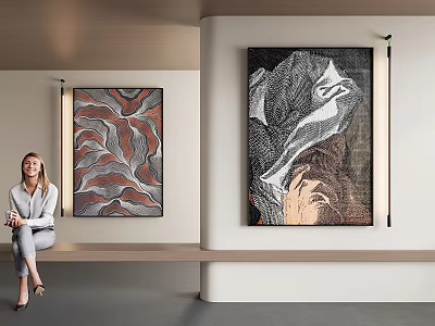 Modern Abstract Wall Art In Interior Living Space With Seated Person And Patterns 3d model