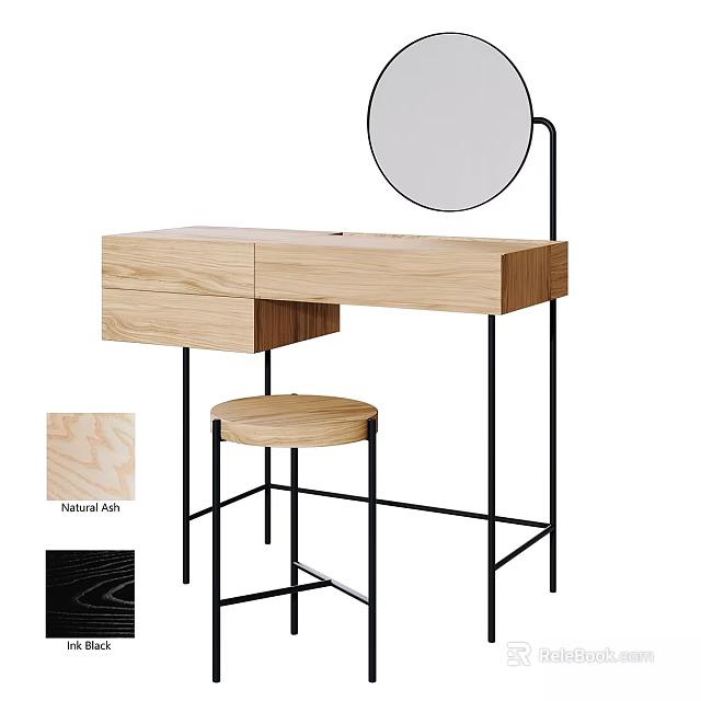 Natural Oak Dressing Table with Round Mirror Stool and Minimalist Design 3d model 