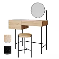 Natural Oak Dressing Table with Round Mirror Stool and Minimalist Design 3d model