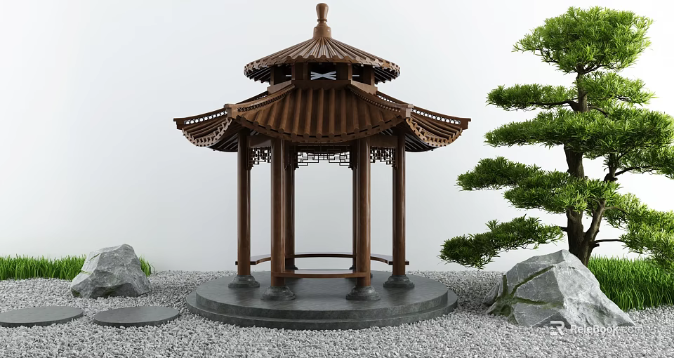 Outdoor Traditional Chinese Wooden Pavilion Featuring Curved Eaves Stone Pine Tree And Gravel Ground 3d model 