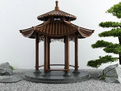 Outdoor Traditional Chinese Wooden Pavilion Featuring Curved Eaves Stone Pine Tree And Gravel Ground 3d model
