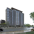 Modern Mid Rise Residential Building With Ground Floor Shops Street Traffic And Trees