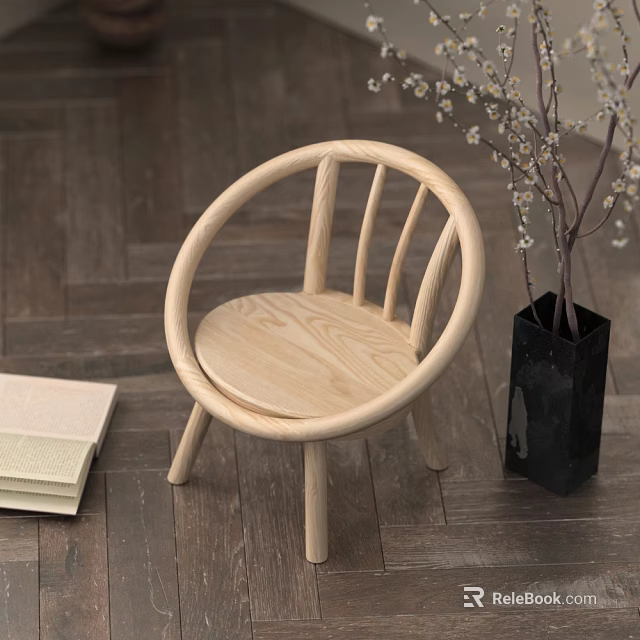 Wooden Children's Chair With Curved Slatted Backrest Near Vase Flowers Books On Wooden Floor 3d model 