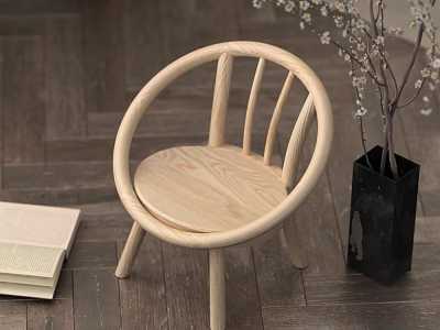Wooden Children's Chair With Curved Slatted Backrest Near Vase Flowers Books On Wooden Floor 3d model