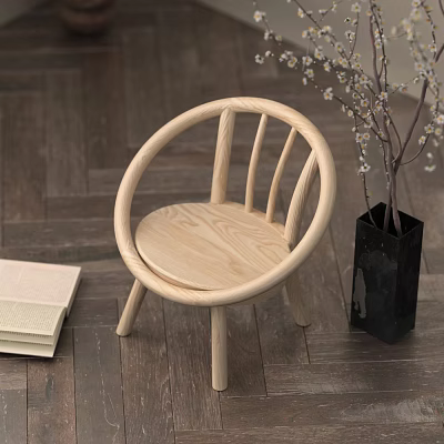 Wooden Children's Chair With Curved Slatted Backrest Near Vase Flowers Books On Wooden Floor 3d model