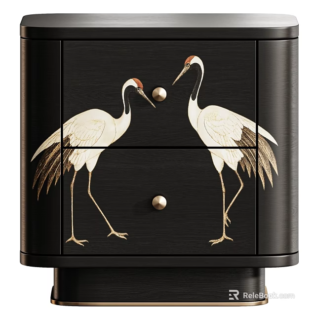 Elegant Black Chest Of Drawers With Exquisite Hand Painted Red Crowned Crane Decor For Home 3d model 