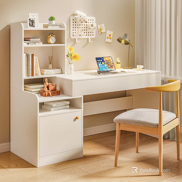 Modern Desk And Chair Set With Bookshelf Laptop Desk Lamp Yellow Flowers And Gray Cushion 3d model 