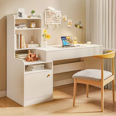 Modern Desk And Chair Set With Bookshelf Laptop Desk Lamp Yellow Flowers And Gray Cushion 3d model