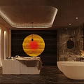 SPA Sauna Interior With Massage Bed Bathtub Warm Lighting And Wooden Walls